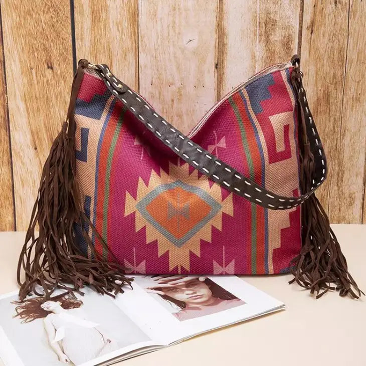 Aztec Western Saddle Blanket Tassel Crossbody Bag